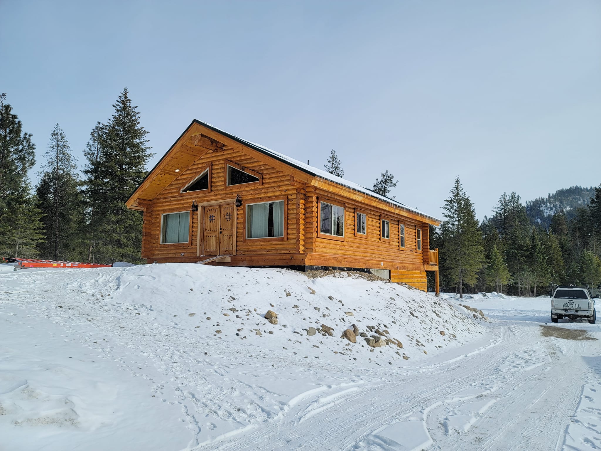 Log home exterior in winter
