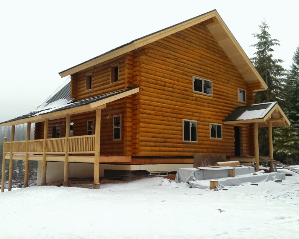Log cabin exterior in winter